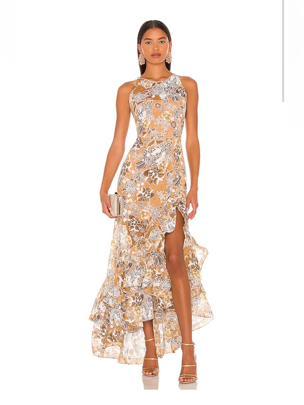 Bronx & Banco Sicilia Brown Tan Metallic Front Slit Ruffle Maxi Dress Gown US2